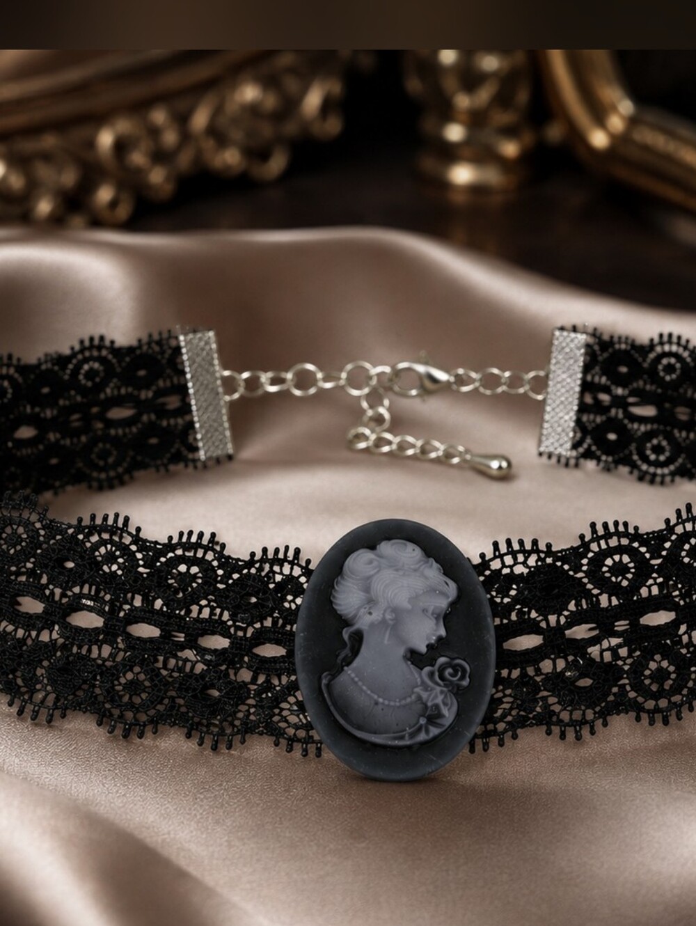 Victorian Black Lace Cameo Choker Necklace